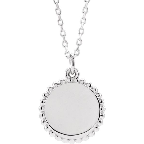 14k White Gold 12mm Beaded Edge Disc Necklace, 16-18 Inch